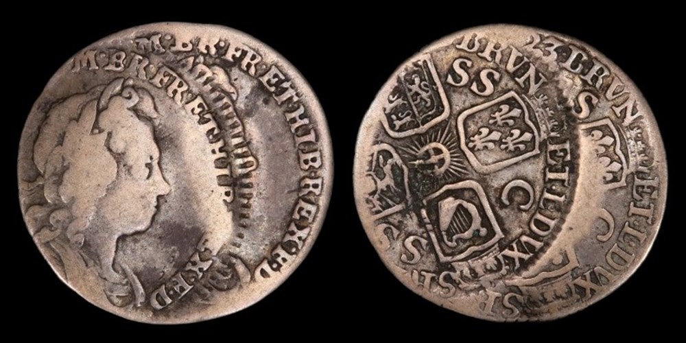 Great Britain: 1723 silver South Sea Company sixpence of George I, double-struck mint error 3 coins european medieval to kingdom england great britain 1723 silver south sea company sixpence of george i double struck mint error