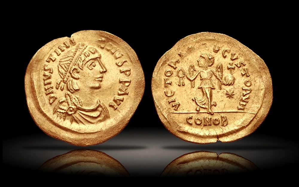 Byzantine Empire: ca. 527-565 AD gold tremissis of Justinian I 4 coins to the anastasius mauritius tiberius byzantine empire ca 527 565 ad gold tremissis of justinian i