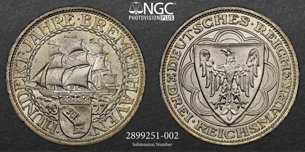 Germany (Weimar Republic): 1927-A silver 3-reichsmark, Bremerhaven commemorative 2 coins world germany weimar republic 1927 a silver 3 reichsmark bremerhaven commemorative