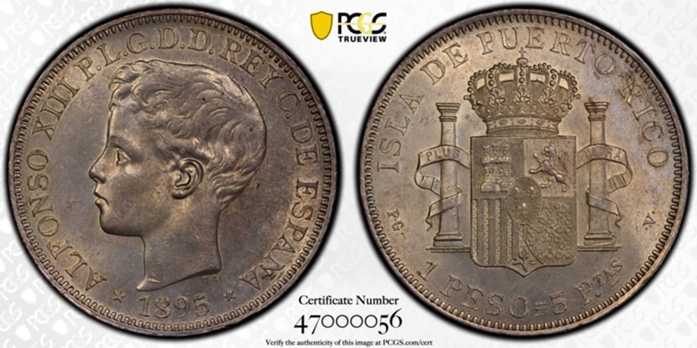 coins world puerto rico 1895 pg v silver peso of alfonso xiii of spain