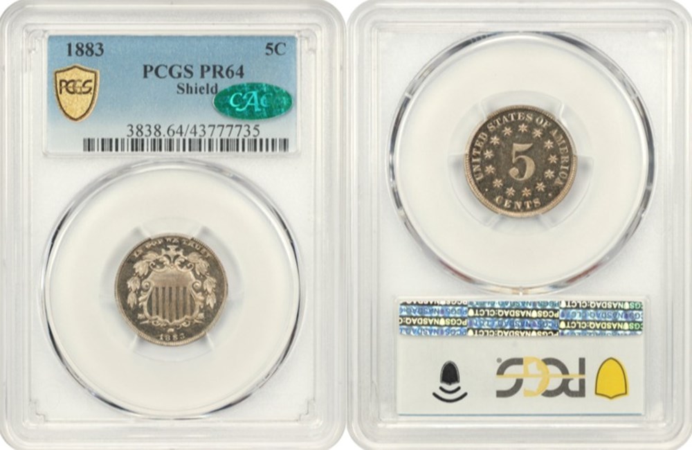 United States: 1883 copper-nickel proof 5-cents, Shield type 5 coins united states 1883 copper nickel proof 5 cents shield type