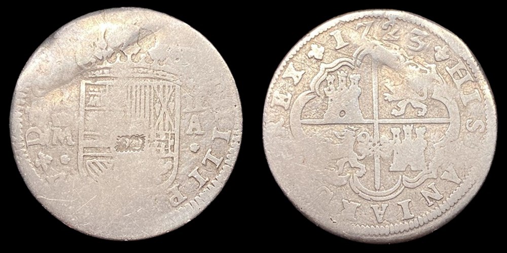 Spain: silver 2-reales of Philip V, 1723-A, Madrid mint, with unknown counterstamp 2 coins european medieval to spain silver 2 reales of philip v 1723 a madrid mint with unknown counterstamp