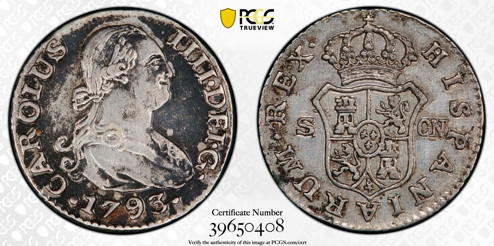 Spain: 1793-S CN silver half-real of Charles IV (PCGS AU details) coins world spain 1793 s cn silver half real of charles iv pcgs au details