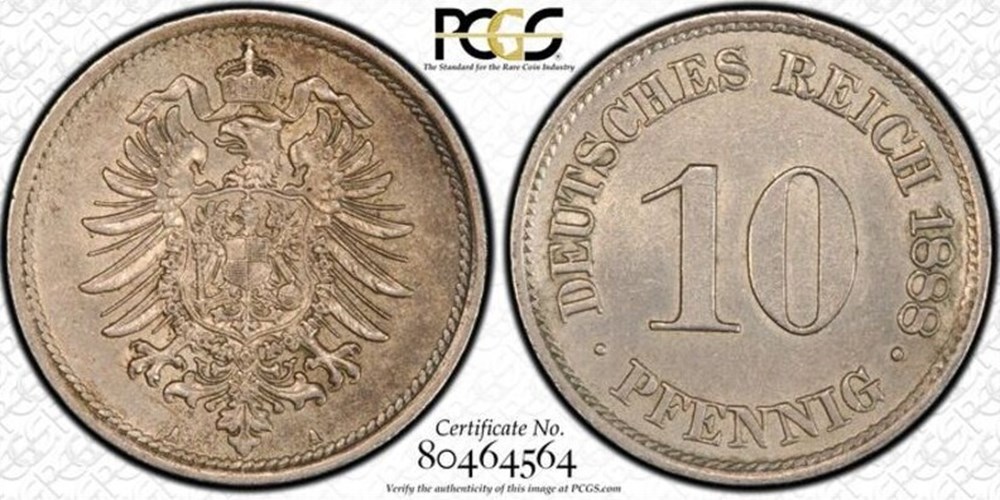 coins world germany imperial 1888 a copper nickel 10 pfennig of wilhelm i pcgs au55