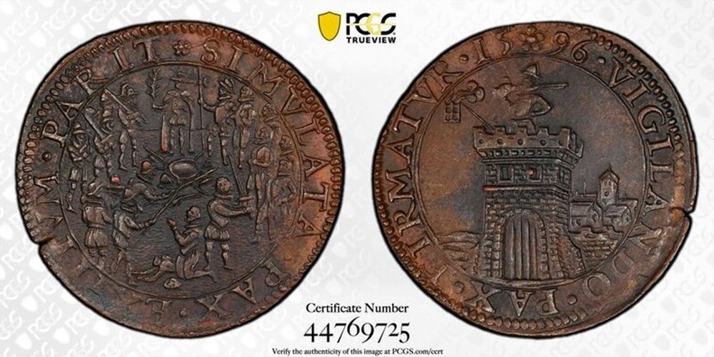 Netherlands: 1596 copper jeton; 80 Years War, beheading scene, Dordrecht mint 2 coins exonumia tokens weights netherlands 1596 copper jeton 80 years war beheading scene dordrecht mint
