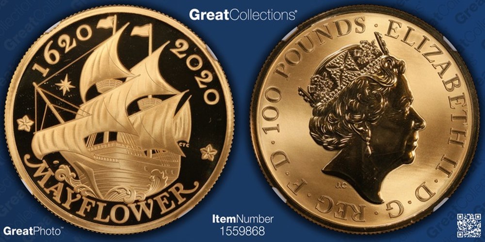 Great Britain: 2020 gold 100-pounds, Mayflower 400th Anniversary commemorative, first day of issue 2 coins world united kingdom great britain 2020 gold 100 pounds mayflower 400th anniversary commemorative first day of issue