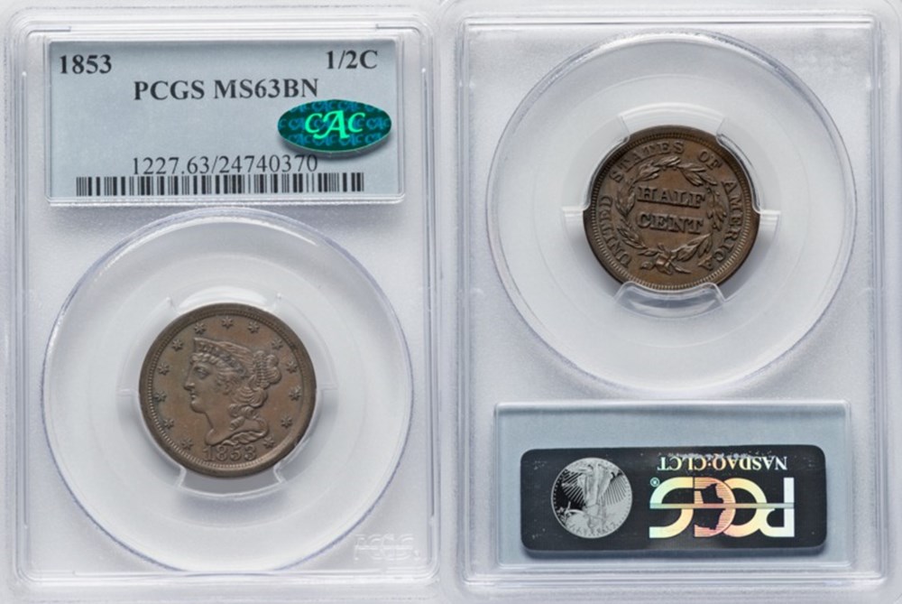 coins world united states 1853 copper braided hair half cent