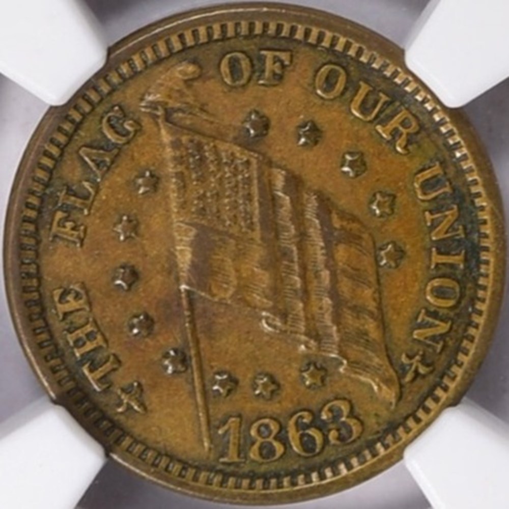 United States: bronze patriotic Civil War token: "The Flag of Our Union", 1863 (with "SPOOT" error) 3 coins exonumia tokens weights united states bronze patriotic civil war token the flag of our union 1863 with spoot error