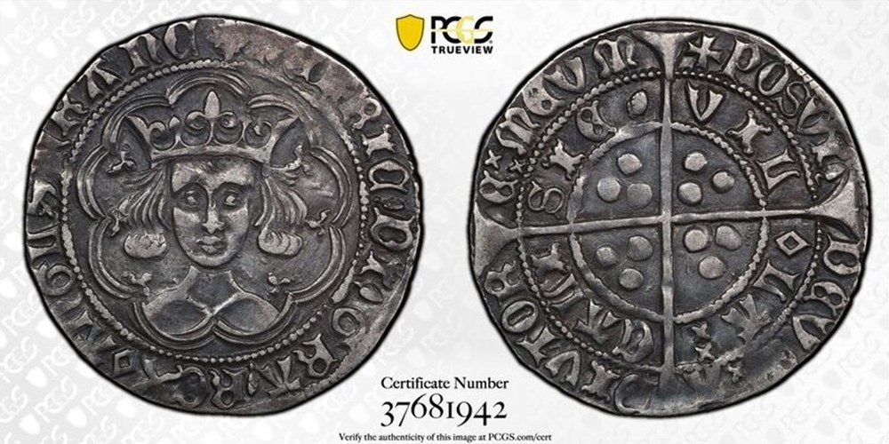 England: ca. 1431-1432 silver groat of Henry VI, from the Reigate Hoard found in Surrey 2 coins european medieval to kingdom england ca 1431 1432 silver groat of henry vi from the reigate hoard found in surrey