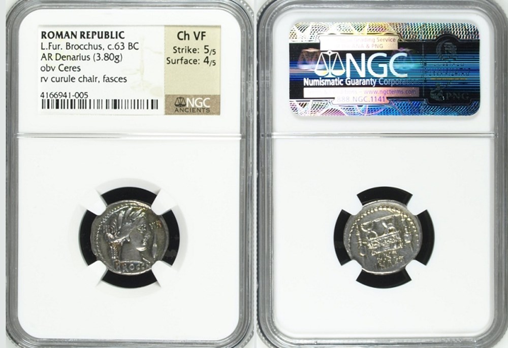 coins ancient to romans imperial and republican roman republic ca 63 bc silver denarius of l furius brocchus