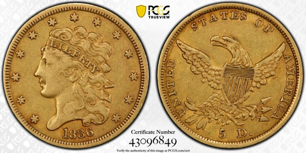United States: 1836 gold Classic Head half-eagle ($5.00) 2 coins united states 1836 gold classic head half eagle 5 00