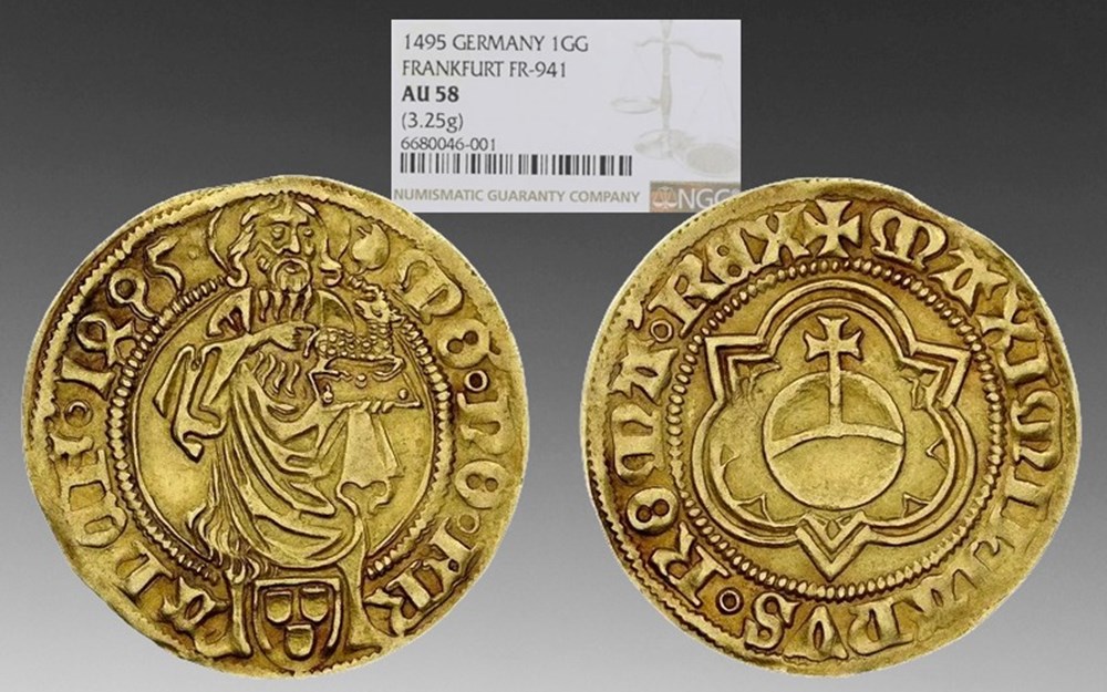 German States (Frankfurt): 1495 goldgulden of Maximilian I, Holy Roman Emperor coins european medieval to german states frankfurt 1495 goldgulden of maximilian i holy roman emperor