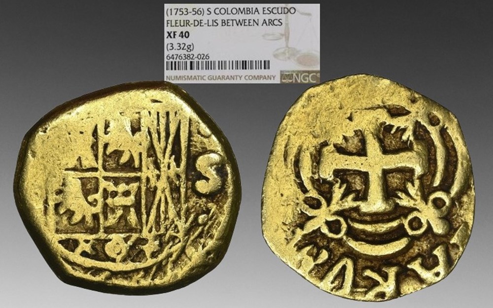 coins world colombia spanish colonial ca 1753 56 gold cob type escudo of ferdinand vi s assayer mark
