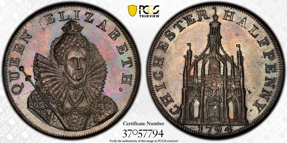 Great Britain (Chichester, Sussex): 1794 copper Conder token, "Chichester Halfpenny" 2 coins exonumia tokens weights great britain chichester sussex 1794 copper conder token chichester halfpenny