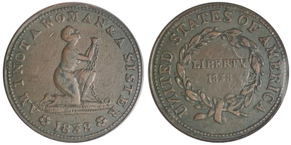 United States: 1838 copper Hard Times token, anti-slavery "Am I Not A Woman" type 2 coins exonumia tokens weights united states 1838 copper hard times token anti slavery am i not a woman type