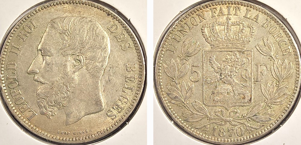 Belgium - 5 Francs, 1867 coins world belgium 5 francs 1867