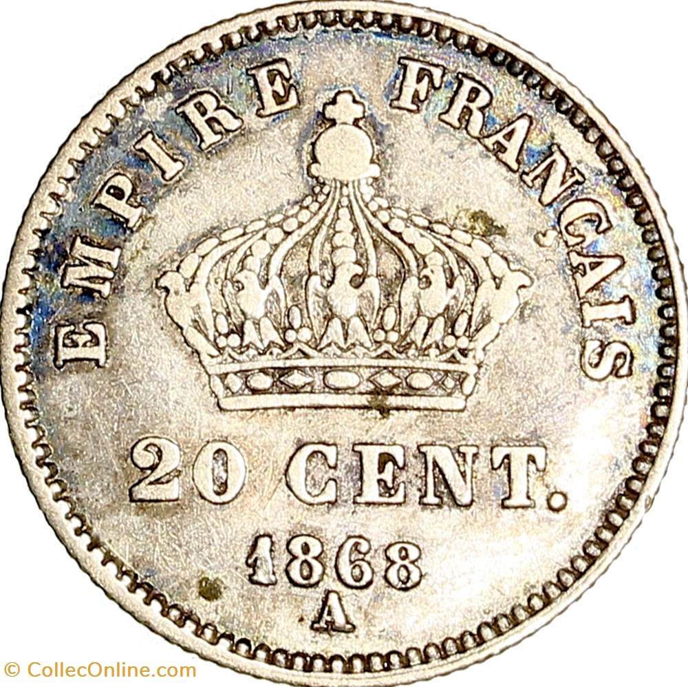 20 centimes Napoléon III, tête laurée, grand module, Napoléon III, 1868, Paris monnaies monde france 20 centimes napoleon iii tete lauree grand module napoleon iii 1868 paris