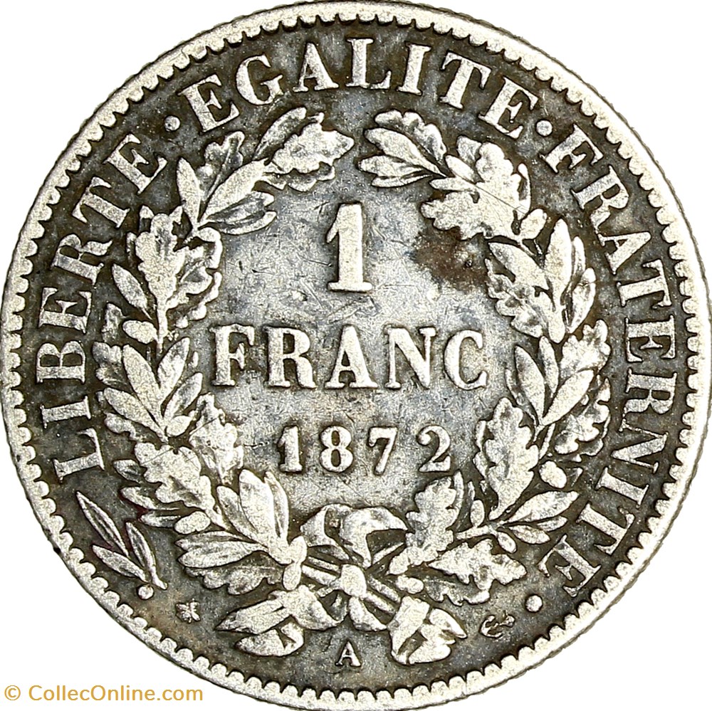 1 franc Cérès, IIIe République, 1872, petit A, Paris monnaies monde france 1 franc ceres iiie republique 1872 petit a paris