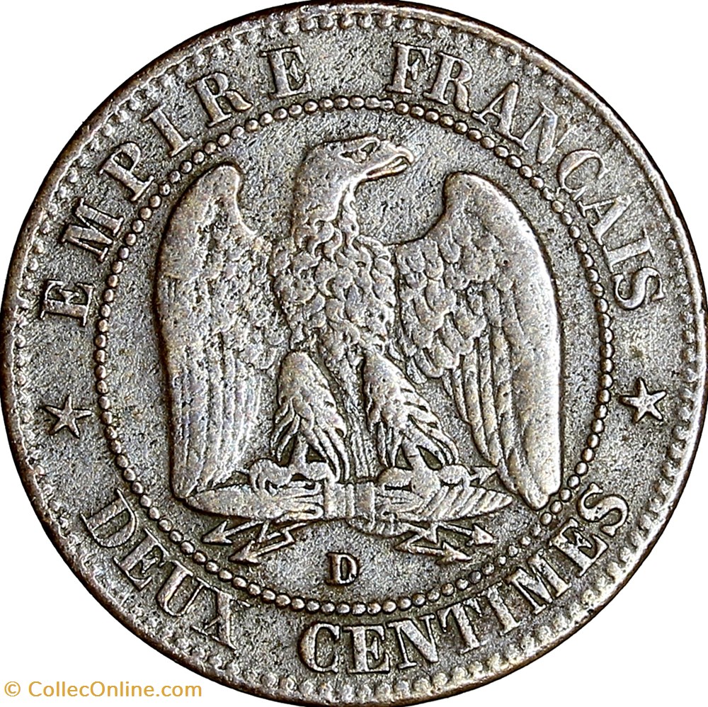 Deux centimes, tête nue, Napoléon III, 1855, ancre, grand lion, petit D, Lyon monnaies monde france deux centimes tete nue napoleon iii 1855 ancre grand lion petit d lyon