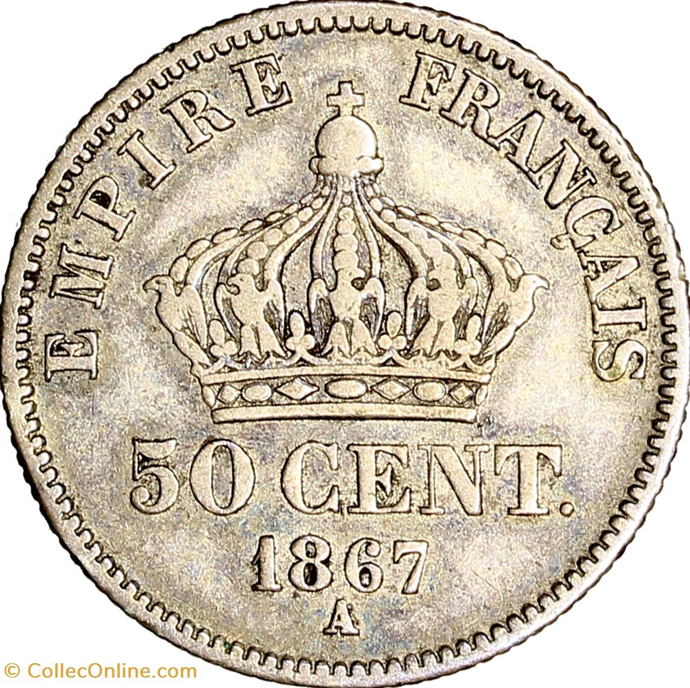 50 centimes, tête laurée, Napoléon III, 1867, Paris monnaies monde france 50 centimes tete lauree napoleon iii 1867 paris