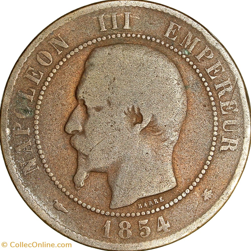 Dix centimes, tête nue, Napoléon III, 1854, petite abeille, Strasbourg monnaies monde france dix centimes tete nue napoleon iii 1854 petite abeille strasbourg