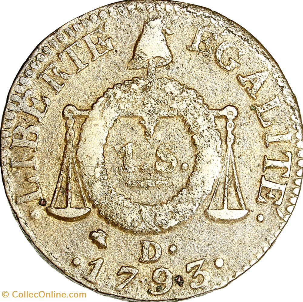 Sol à la table de la loi, daté, la Convention, 1793, an II, Dijon monnaies monde france sol a la table de la loi date la convention 1793 an ii dijon