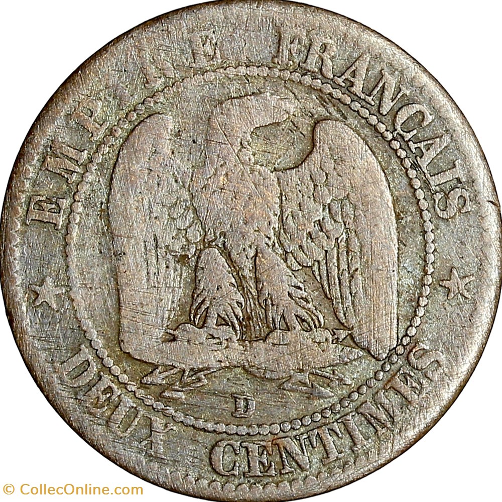 Deux centimes, tête nue, Napoléon III, 1854, petit lion, petit D, Lyon monnaies monde france deux centimes tete nue napoleon iii 1854 petit lion petit d lyon