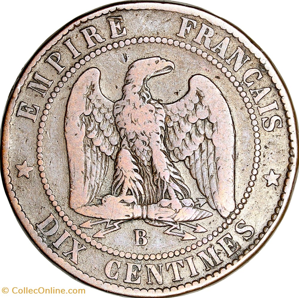 Dix centimes, tête nue, Napoléon III, 1855, chien, Rouen monnaies monde france dix centimes tete nue napoleon iii 1855 chien rouen