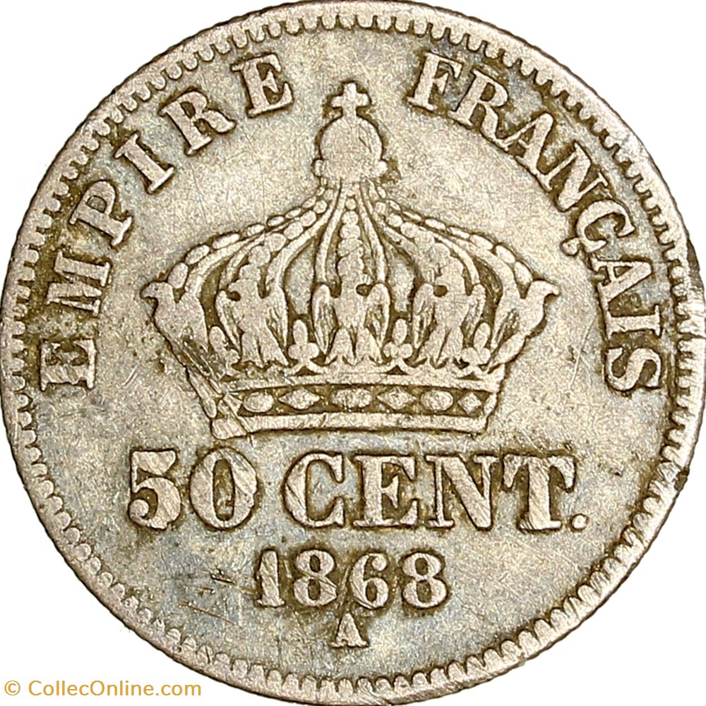 50 centimes, tête laurée, Napoléon III, 1868, Paris monnaies monde france 50 centimes tete lauree napoleon iii 1868 paris