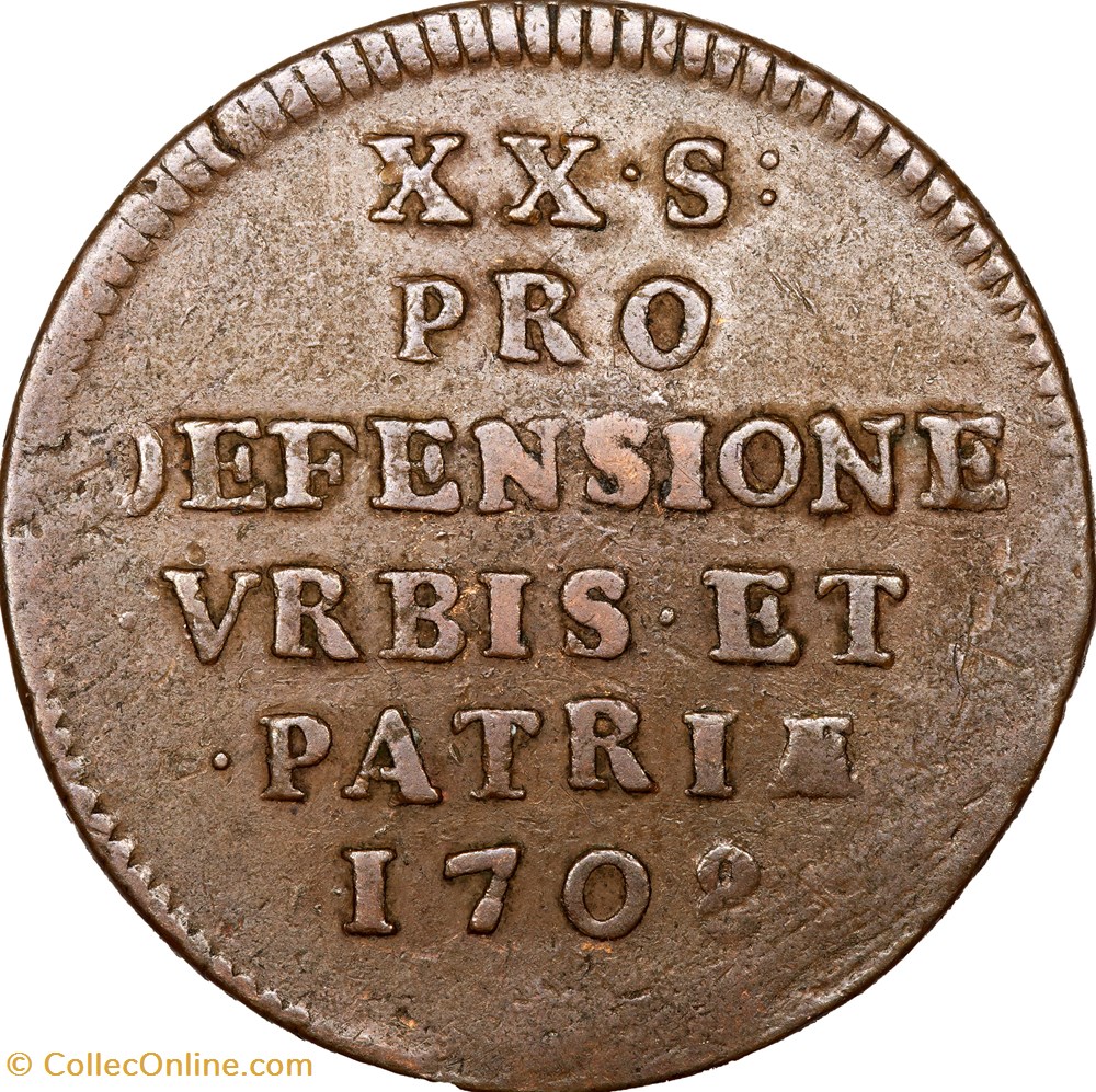 20 sols du siège de Lille, 1708, Lille monnaies europe medievale a france royales 20 sols du siege de lille 1708 lille