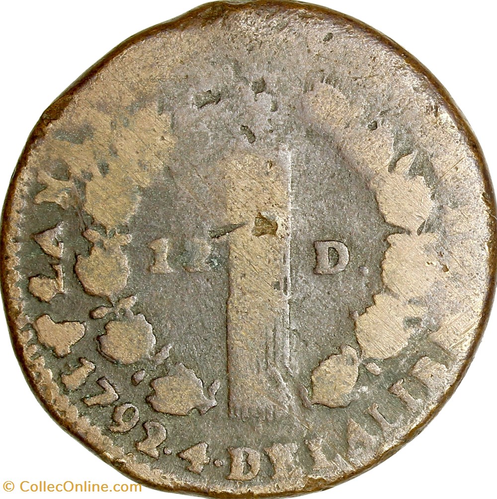 12 deniers au faisceau type François, Louis XVI, 1792, an 4, Montpellier monnaies monde france 12 deniers au faisceau type francois louis xvi 1792 an 4 montpellier