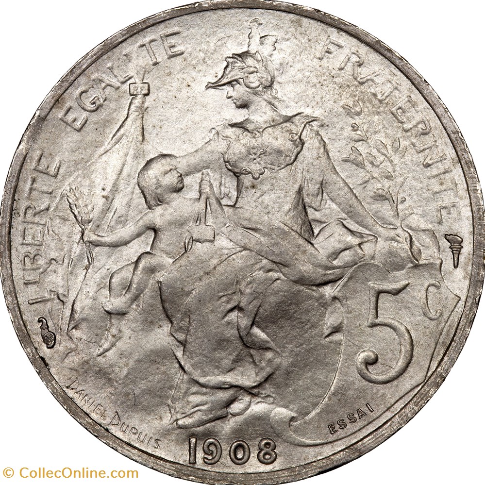5 centimes Daniel-Dupuis, IIIe République, 1908, ESSAI aluminium monnaies monde france 5 centimes daniel dupuis iiie republique 1908 essai aluminium