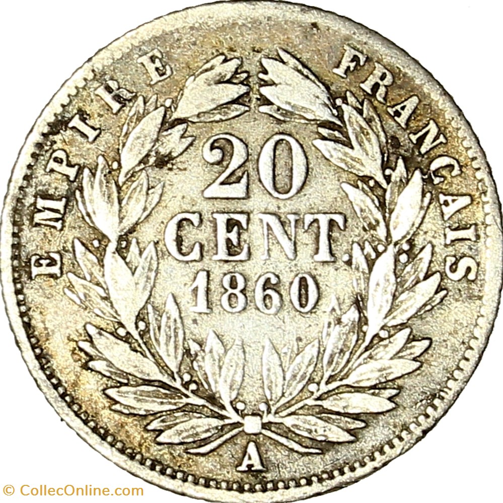 20 centimes, tête nue, Napoléon III, 1860, Paris monnaies monde france 20 centimes tete nue napoleon iii 1860 paris
