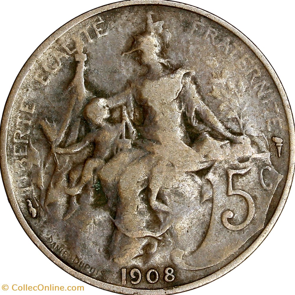 5 centimes Daniel-Dupuis, IIIe République, 1908 monnaies monde france 5 centimes daniel dupuis iiie republique 1908