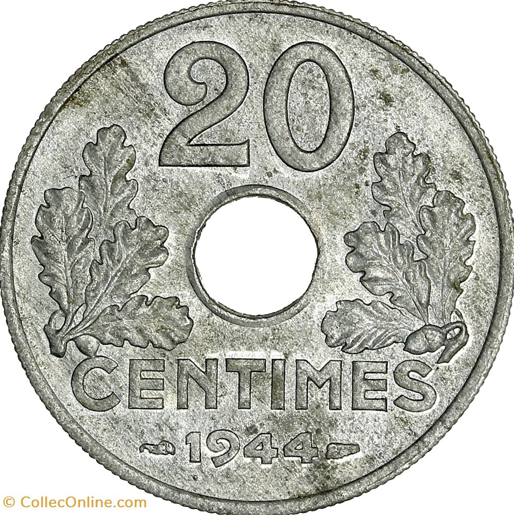 monnaies monde france 20 centimes etat francais legere etat francais 1944 zinc
