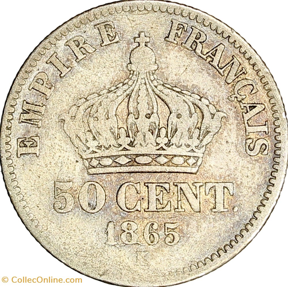 50 centimes, tête laurée, Napoléon III, 1865, Bordeaux monnaies monde france 50 centimes tete lauree napoleon iii 1865 bordeaux