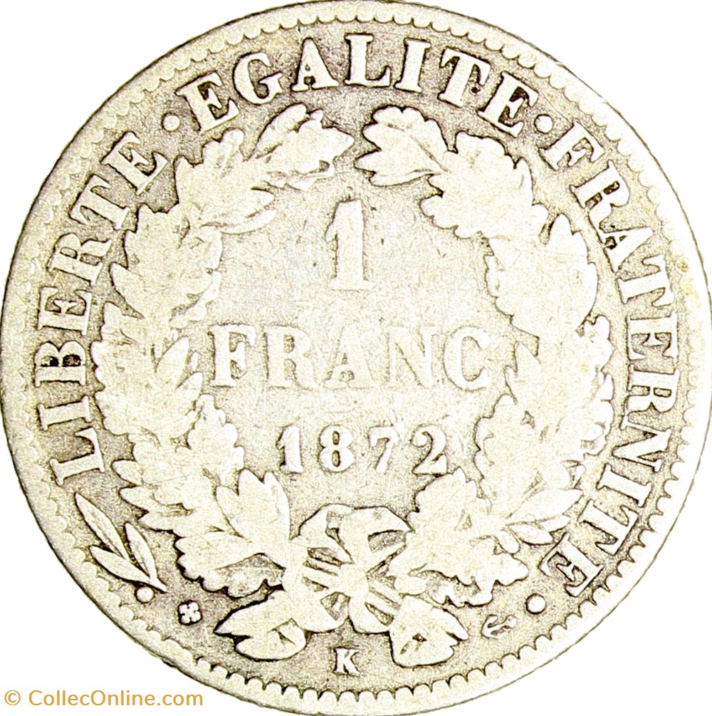 1 franc Cérès, IIIe République, 1872, Bordeaux monnaies monde france 1 franc ceres iiie republique 1872 bordeaux