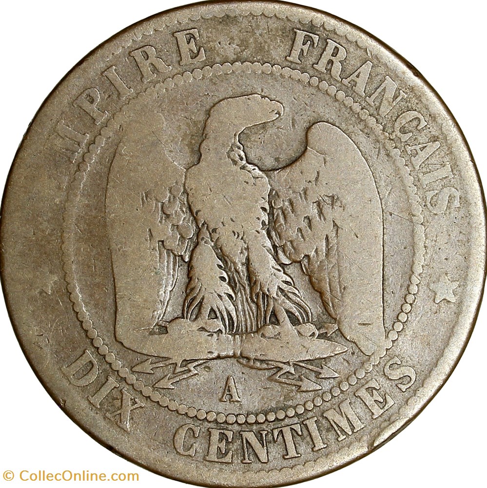 Dix centimes, tête laurée, Napoléon III, 1861, Paris monnaies monde france dix centimes tete lauree napoleon iii 1861 paris