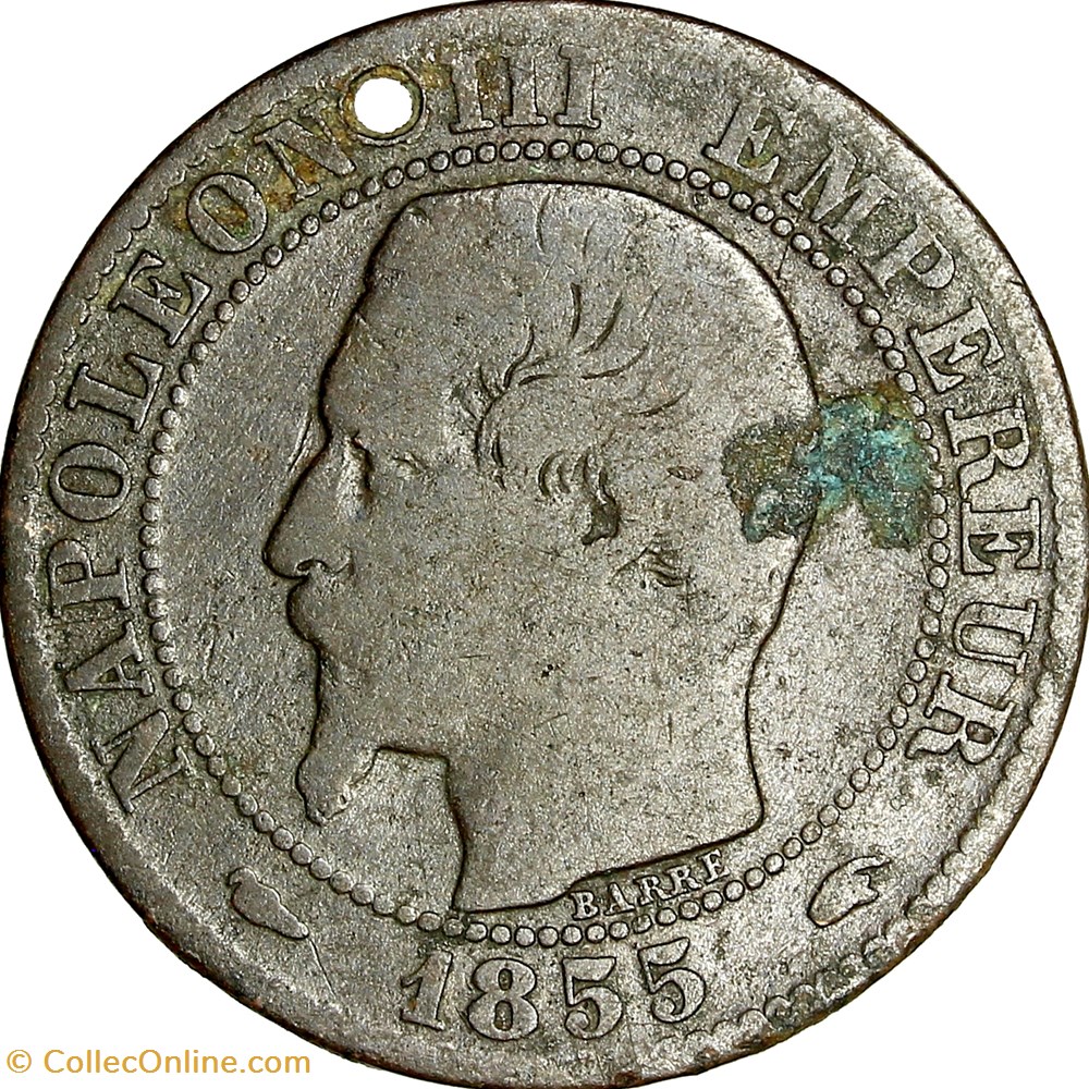 Cinq centimes, tête nue, Napoléon III, 1855, chien, Paris monnaies monde france cinq centimes tete nue napoleon iii 1855 chien paris