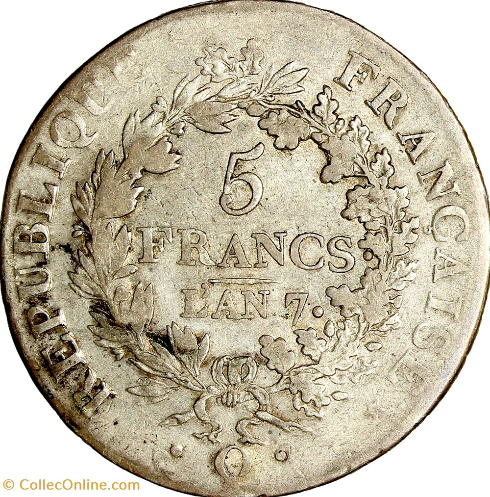 5 francs Union et Force, Union serré, sans glands intérieurs ni olive, Directoire, an 7, Perpignan monnaies monde france 5 francs union et force union serre sans glands interieurs ni olive directoire an 7 perpignan