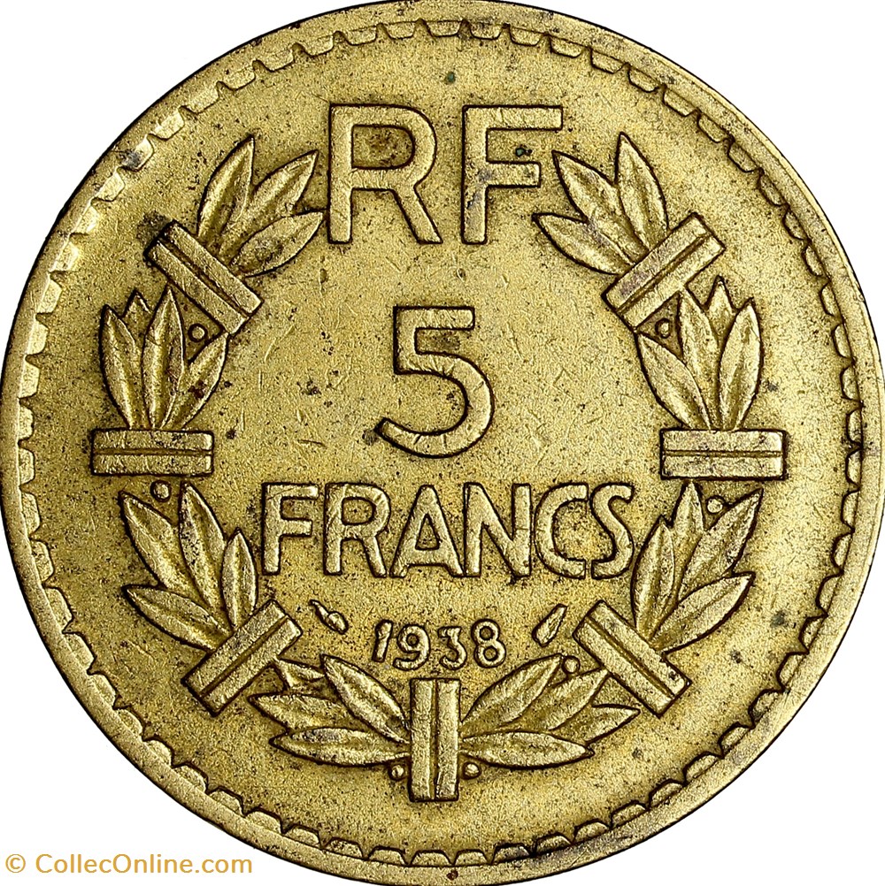 5 francs Lavrillier, bralu, IIIe République, 1938 monnaies france modernes 5 francs lavrillier bralu iiie republique 1938