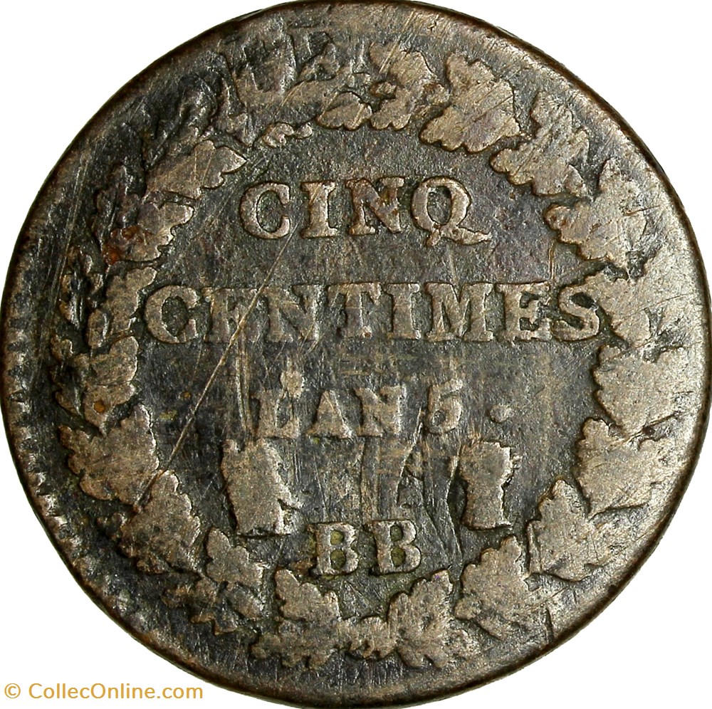Cinq centimes Dupré, grand module, refrappage du décime, le Directoire, an 5, Strasbourg monnaies monde france cinq centimes dupre grand module refrappage du decime le directoire an 5 strasbourg