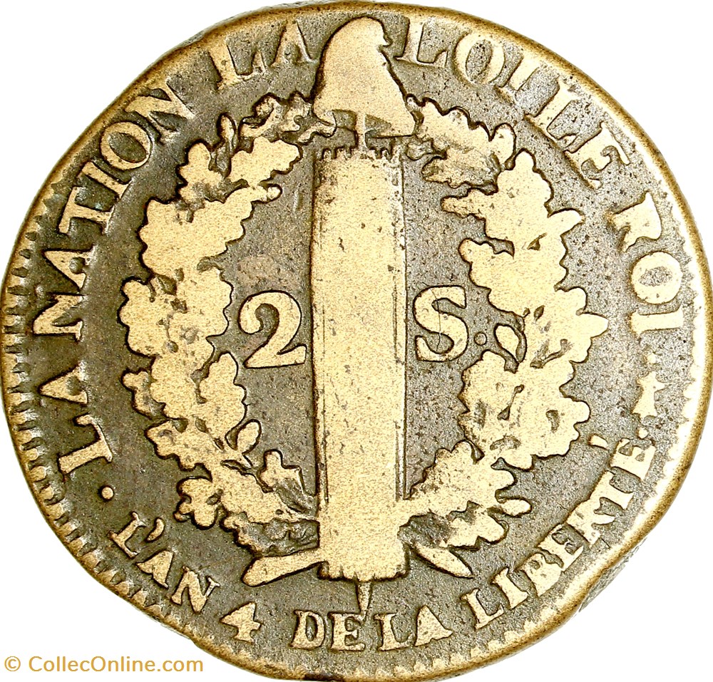 2 sols au faisceau, type François, Louis XVI, 1792, an 4, Metz monnaies monde france 2 sols au faisceau type francois louis xvi 1792 an 4 metz