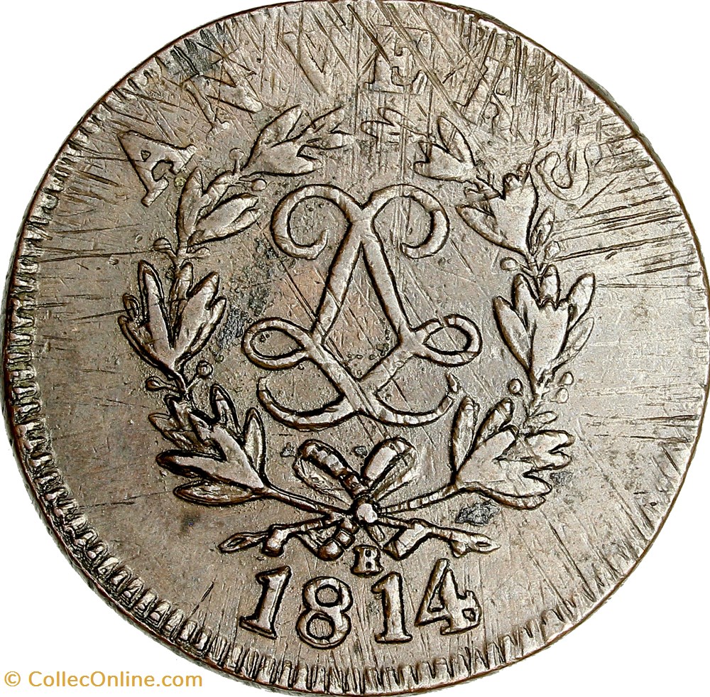 10 centimes d'Anvers au double L, Louis XVIII, 1814R, Anvers, atelier de Wolschot monnaies monde france 10 centimes anvers au double l louis xviii 1814r anvers atelier de wolschot