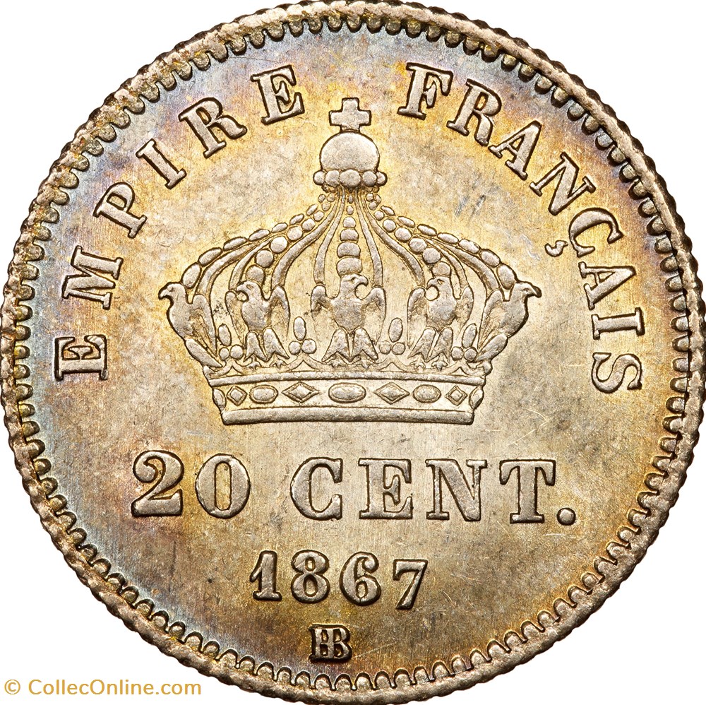 20 centimes Napoléon III, tête laurée, grand module, Napoléon III, 1867, Strasbourg monnaies monde france 20 centimes napoleon iii tete lauree grand module napoleon iii 1867 strasbourg