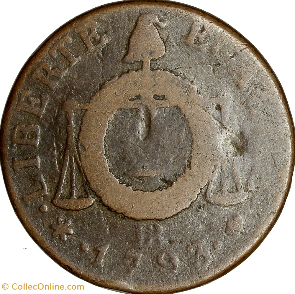 Sol à la table de la loi, daté, la Convention, 1793, Strasbourg, coins tournés 5h monnaies france modernes sol a la table de la loi date la convention 1793 strasbourg coins tournes 5h