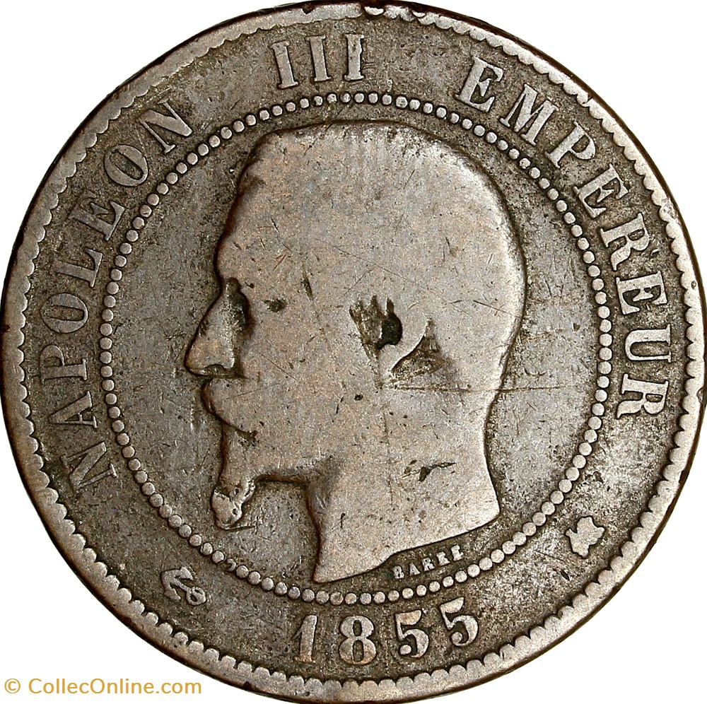 Dix centimes, tête nue, Napoléon III, 1855, ancre, feuille horizontale, Bordeaux (coins tournés) monnaies monde france dix centimes tete nue napoleon iii 1855 ancre feuille horizontale bordeaux coins tournes