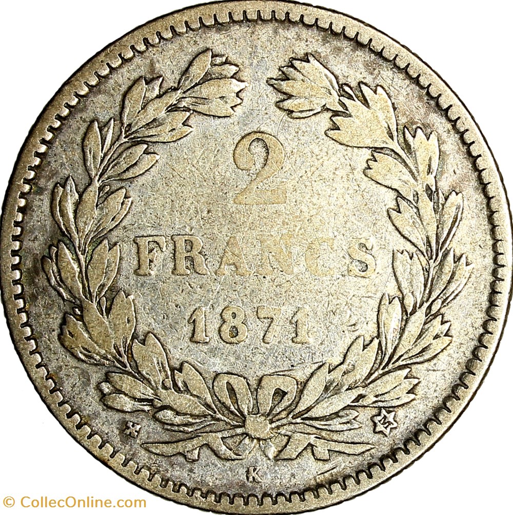 2 francs Cérès, sans légende, IIIe République, 1871, Bordeaux monnaies monde france 2 francs ceres sans legende iiie republique 1871 bordeaux