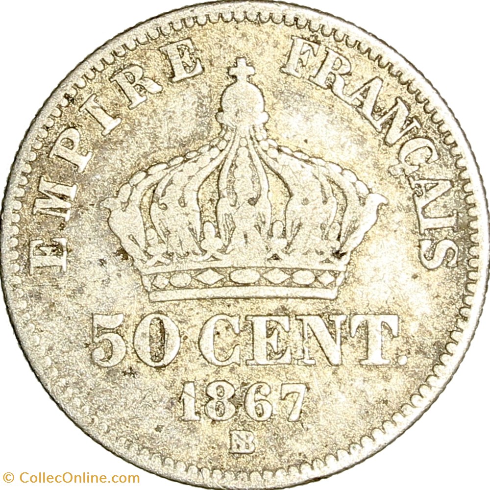 50 centimes, tête laurée, Napoléon III, 1867, BB normal, Strasbourg monnaies monde france 50 centimes tete lauree napoleon iii 1867 bb normal strasbourg