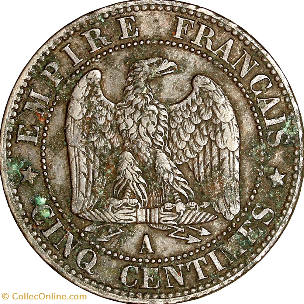 Cinq centimes, tête nue, Napoléon III, 1853, Paris monnaies monde france cinq centimes tete nue napoleon iii 1853 paris